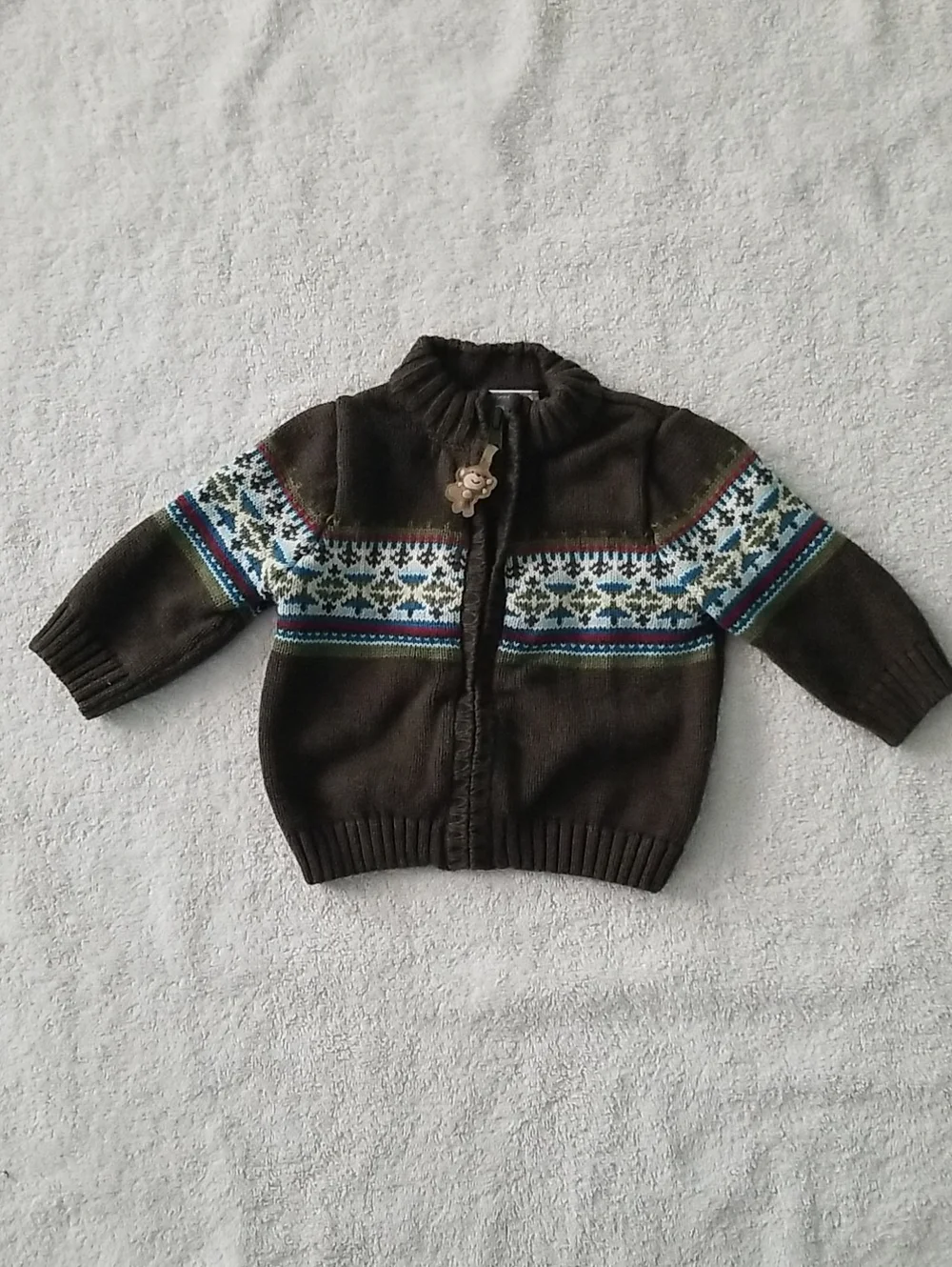 Baby Fair Isle Full Zip Cardigan Sweater Green w/ Monkey Zipper Pull Size 3-6 M